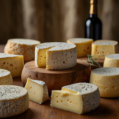 various types of cheese on wooden table