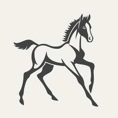 Stylized black and white horse illustration in a dynamic pose. The minimalistic vector design highlights the elegance and movement of the animal with clean lines and artistic detail