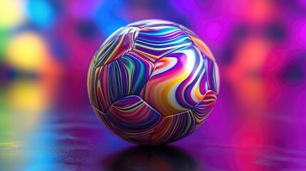 Fototapeta premium Colorful metallic soccer ball with vibrant spiral patterns and a sense of motion against a blurred multicolored background