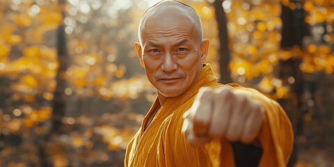 martial arts shaolin master monk clad in saffron robes stands amidst autumnal forest focused expression and poised fist strength