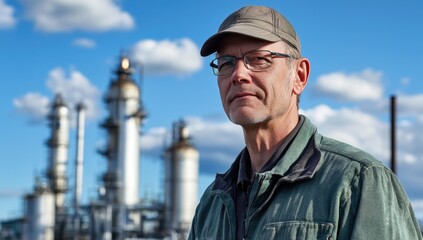 A man stands confidently against the backdrop of an industrial oil facility, sharing insights on the evolving landscape of energy production and the challenges faced by workers