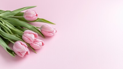 Pink tulips bouquet on pink background; spring greeting card