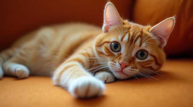 Resting orange tabby cat with striking green eyes on soft orange couch - Powered by Adobe