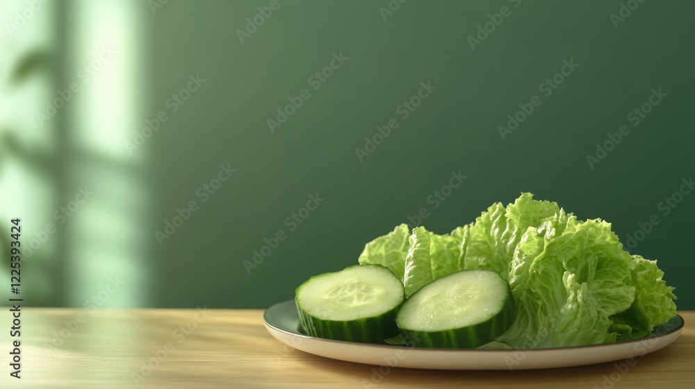 Poster plate of fresh green lettuce and cucumber slices on wooden table with soft green background minimali