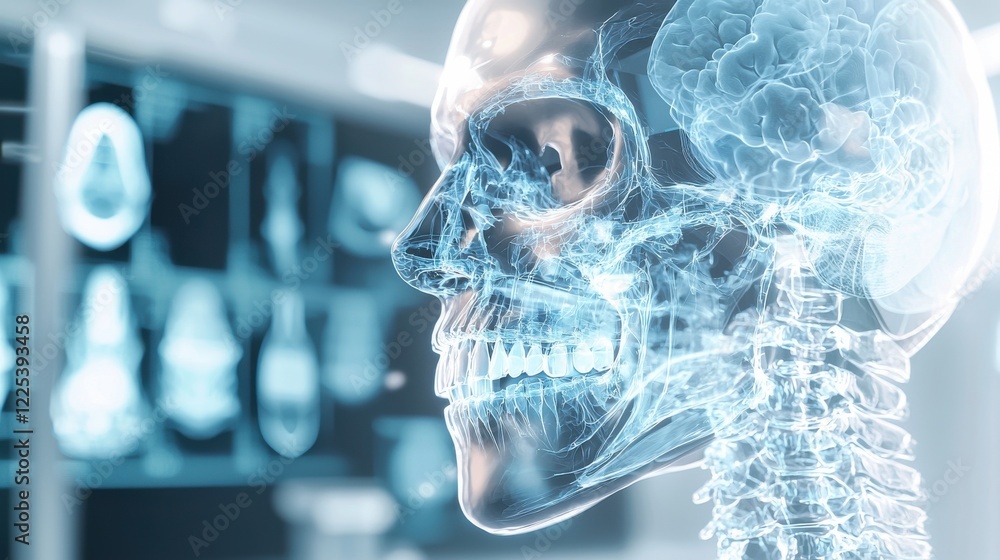 Poster transparent 3d anatomical skull scan with glowing brain and high tech digital brain data display