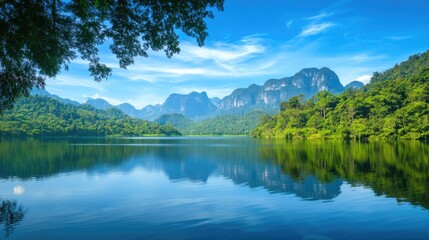 Fototapeta premium Serene freshwater lake surrounded by vibrant green mountains under a clear blue sky featuring perfect water reflections and tranquil nature scenery