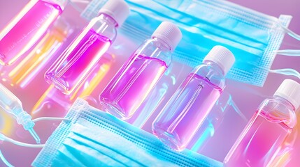 A bottle of pink liquid is next to a blue plastic face mask