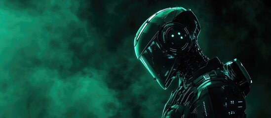 Futuristic android robot showcasing advanced AI machine learning technology in a green digital atmosphere with space for customizable text.