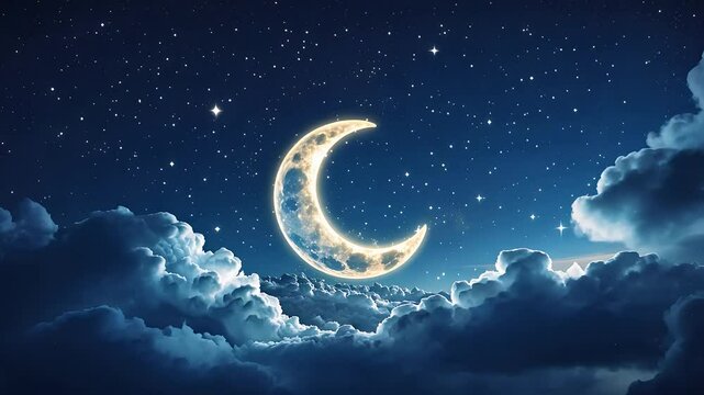 Glowing Crescent Moon Among Soft Clouds in a Starry Night Sky with a Deep Blue Background

