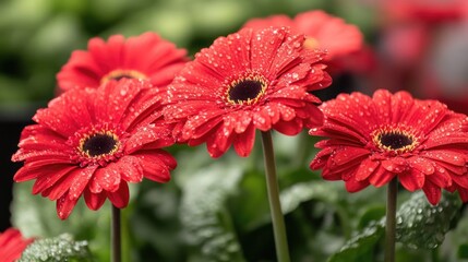 Vibrant red gerbera daisies adorned with water droplets showcasing fresh greenery in a blurred garden setting.