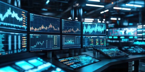 Obraz premium Modern financial trading room with multiple screens displaying market data and stock charts, highlighting the concept of investments and trading strategies