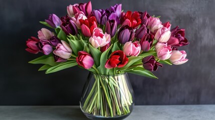 Tulips in shades of red, pink, and purple fill a glass vase, creating a beautiful spring centerpiece, with a clean background ideal for adding a message or design.

