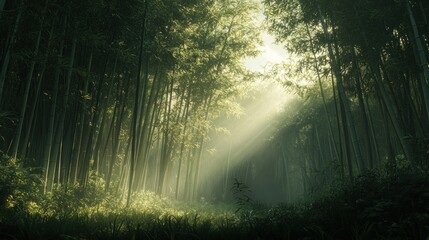 Naklejka premium Sunlit Path Through Serene Bamboo Forest