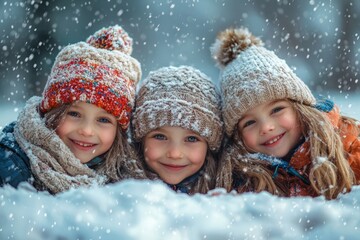 Three children bundled in winter hats and scarves smile while playing in the snow