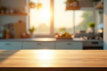 sunlit wooden kitchen countertop with blurred background of modern kitchen interior