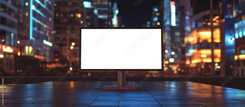 Poster urban nighttime 3d rendering of a large blank monitor on a paved surface with vibrant city lights an