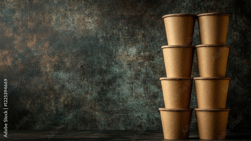 Poster stacked eco-friendly brown paper cups on textured dark background with ample empty space for brandin