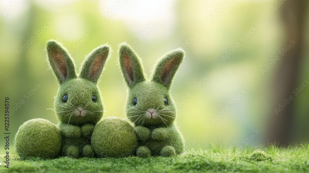 Poster charming green grass rabbits playing with yarn balls on vibrant green grass in a serene natural sett
