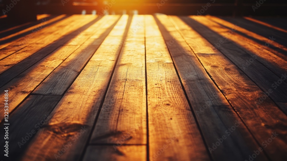 Aufkleber golden sunset casting long shadows over a rustic wooden deck creating a warm and inviting atmosphere