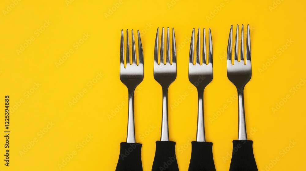 Poster minimalistic modern composition of four metallic forks with black handles on vibrant yellow backgrou