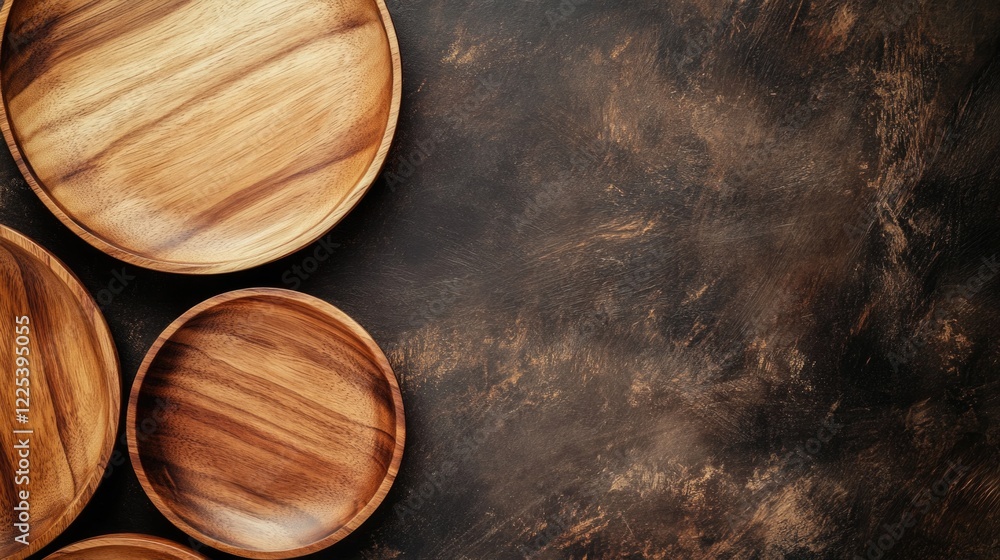 Poster assortment of round wooden plates arranged on a rustic dark kitchen table with textured surface and 
