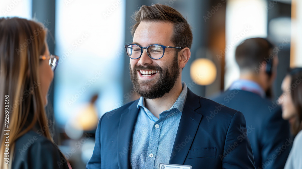 Poster business professional engaging in a friendly networking conversation at a corporate event, creating 