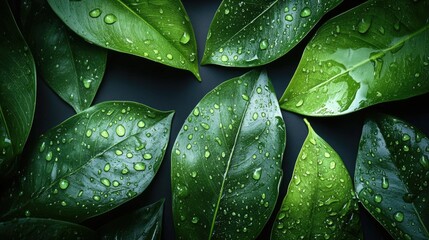 Fototapeta premium Lush Green Tropical Leaves with Raindrops on Dark Background Showcasing Natural Texture and Refreshing Atmosphere Ideal for Eco-Friendly Designs