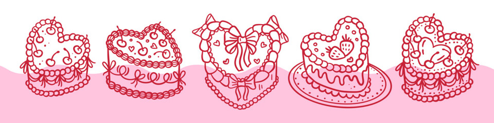 Set of Retro Cake heart-shaped in Groovy Coquette style with cherry and ribbon bows. Hand drawn linear doodle vector illustration,