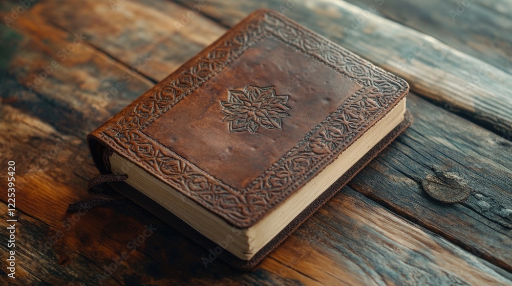 Poster leather-bound vintage journal with intricate embossed design placed on rustic wooden table showcasin