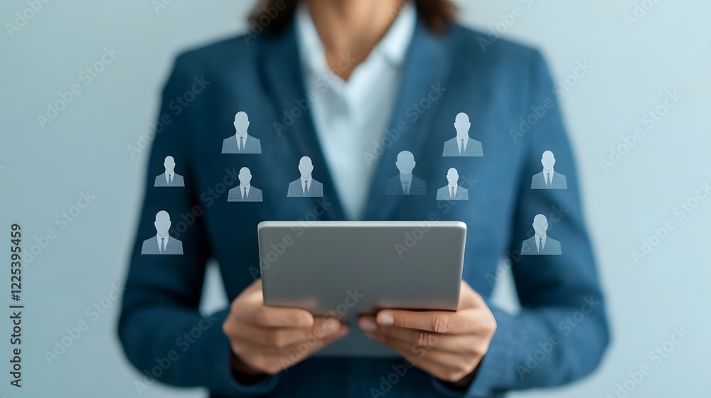 Poster professional recruiter using tablet displaying candidate analytics and targeted executive search