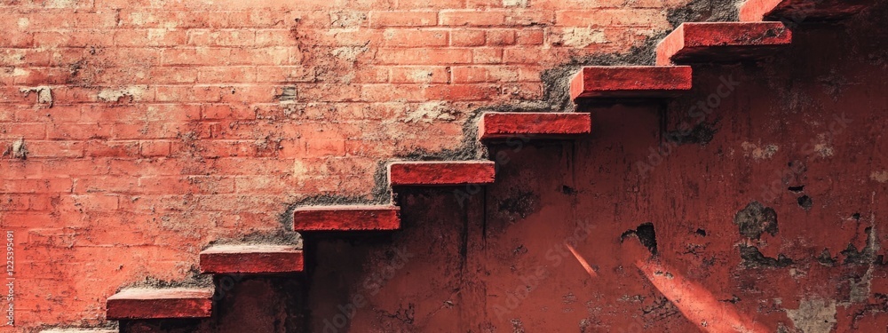 Aufkleber worn and weathered red brick wall with empty copy space, featuring faded steps ascending against a t