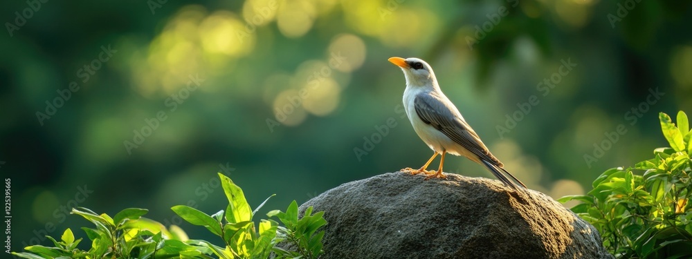 Aufkleber white myna perched on gray rock surrounded by vibrant green foliage in a serene natural setting with