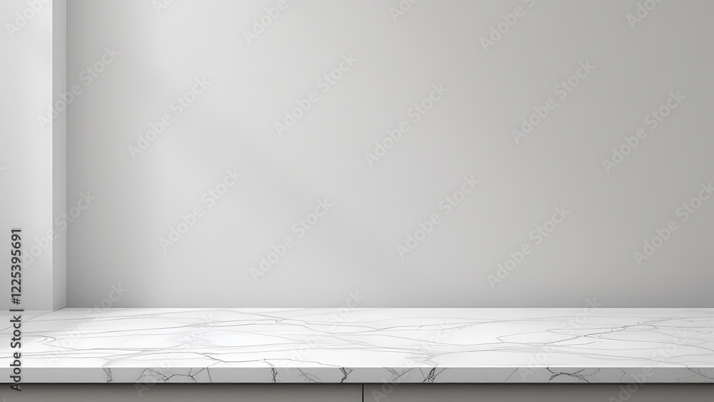 Poster marble table top with abstract shadow drop on white wall background for mockup product display