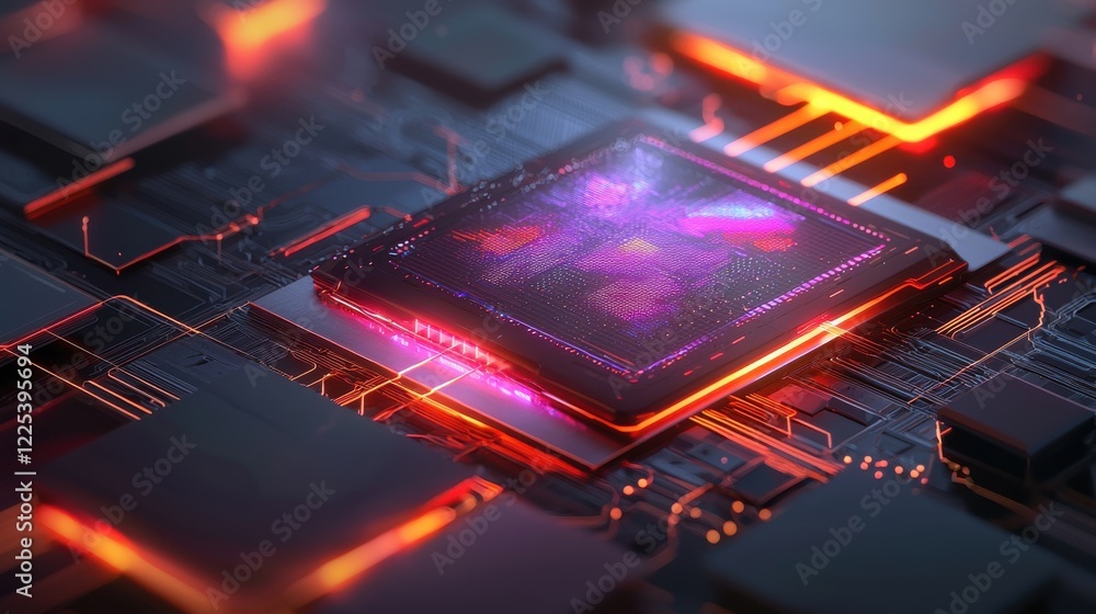 Poster futuristic microchip circuit board with glowing energy patterns