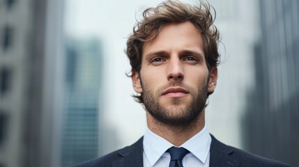 Fototapeta premium Hairstyle cut professional concept. Confident Businessman with Stylish Curly Hairstyle in Formal Suit against Urban City Skyline