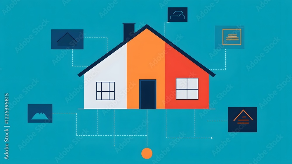 Aufkleber interconnected smart home contracts and real estate transactions visualized in geometric flowchart