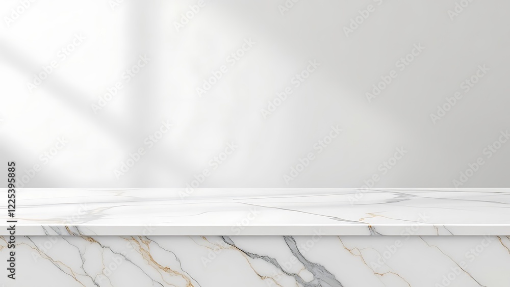 Poster marble table top with abstract shadow drop on white wall background for mockup product display