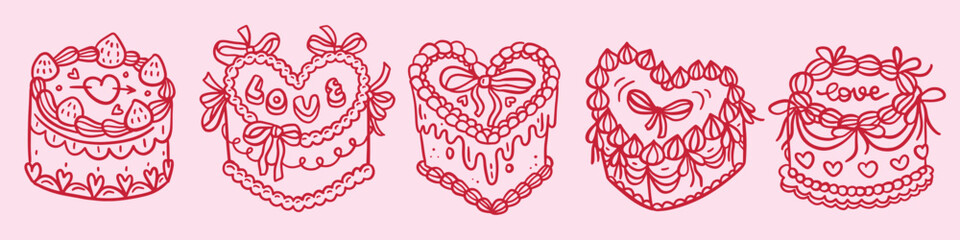 Heart Shape Vintage Cake with coquette Cream Set with Strawberry, Bows, Whipped Cream, Ribbons and Love Message. Valentine's day dessert. Hand drawn linear doodle vector illustration.