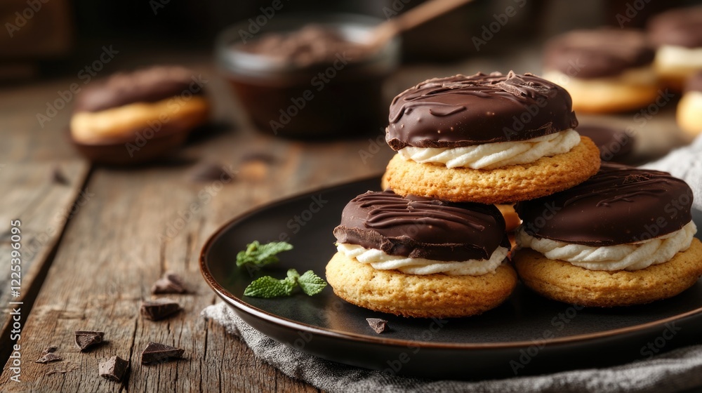 Poster cream and chocolate stuffed biscuits arranged on a rustic wooden table with empty copyspace for text