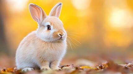 Cute bunny rabbit in autumn leaves, forest background, ideal for children's book, greeting card