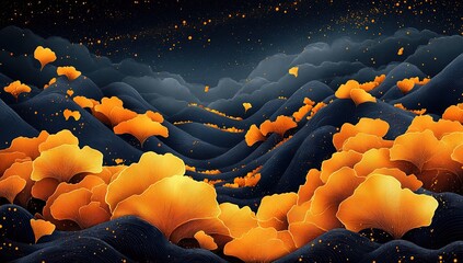 Fototapeta premium Ginkgo Leaves on a Night Sky Mountain Landscape