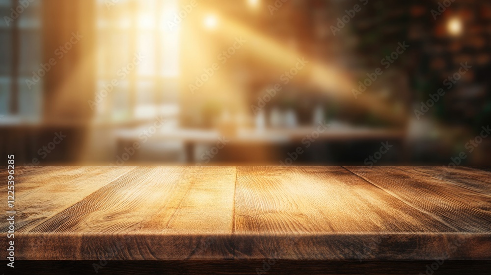 Aufkleber wooden table with warm sunlight streams in cozy restaurant setting overlooking beach during summer w