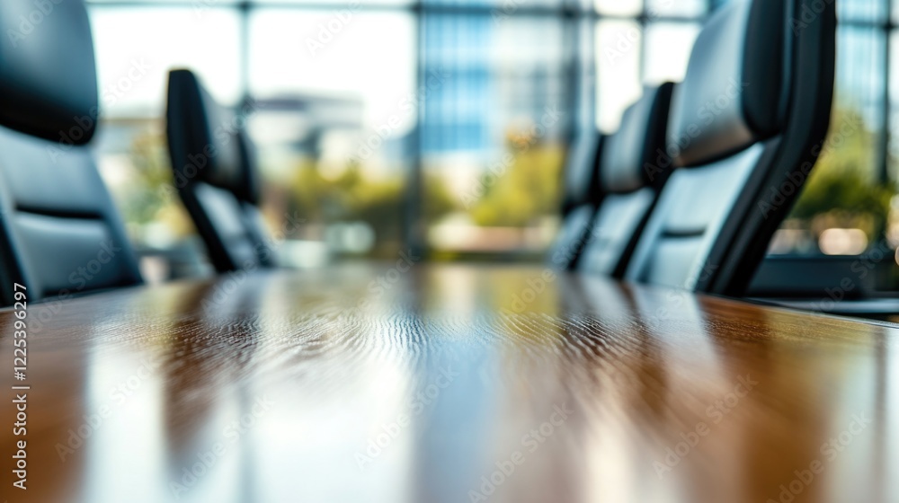 Poster wooden conference table surface with reflections and empty space for text in a modern office setting