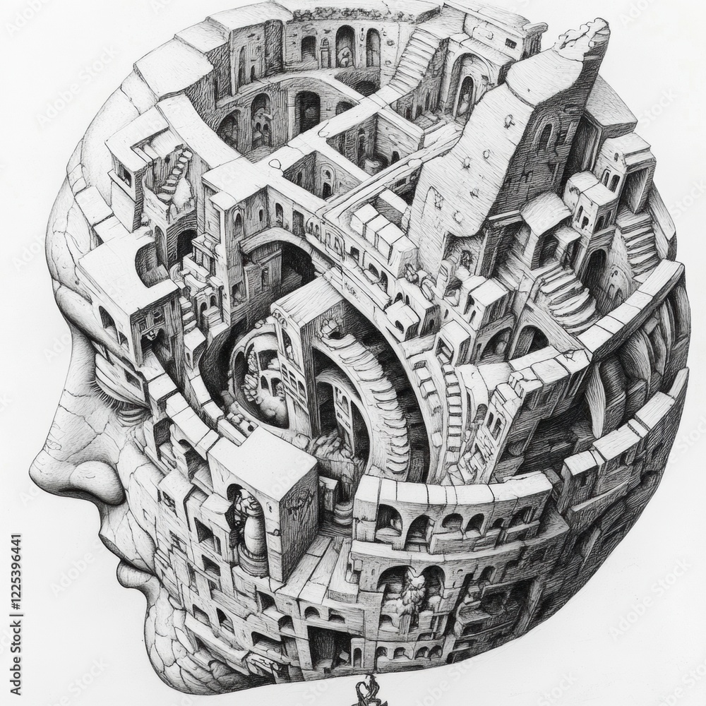 Poster intricate labyrinth within a giant face showcases a surreal blend of architecture and human imaginat