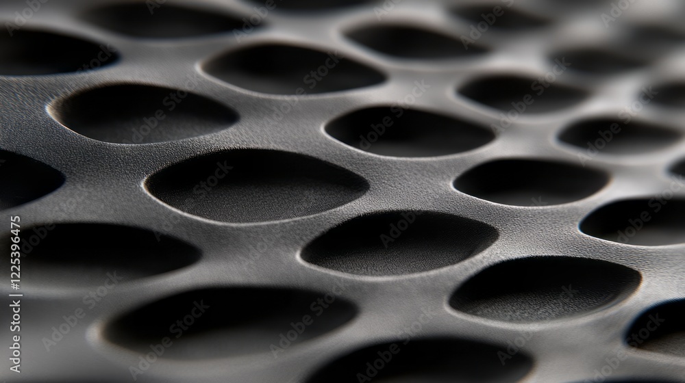Poster a close-up shot of the surface texture, black plastic with rounded holes arranged in an irregular pa