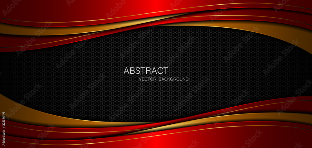 Aufkleber abstract red and golden curves with golden lines on dark steel mesh background. with free space for 