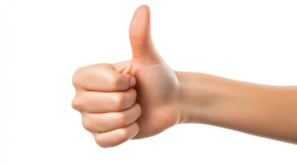 Young woman with light skin showing thumbs up gesture with left hand isolated on white background conveying positivity and approval