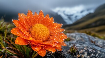 The delicate orange petals shimmer with crystal-clear raindrops in a detailed close-up, radiating freshness and vibrancy.