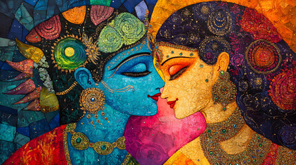 A vibrant painting of Radha and Krishna in an embrace