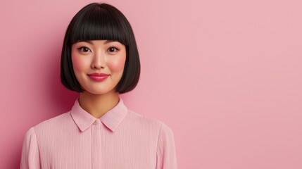 Hairstyle cut professional concept. Smiling Asian Woman with Blunt Cut Bangs and Straight Bob Hairstyle in Pink Background